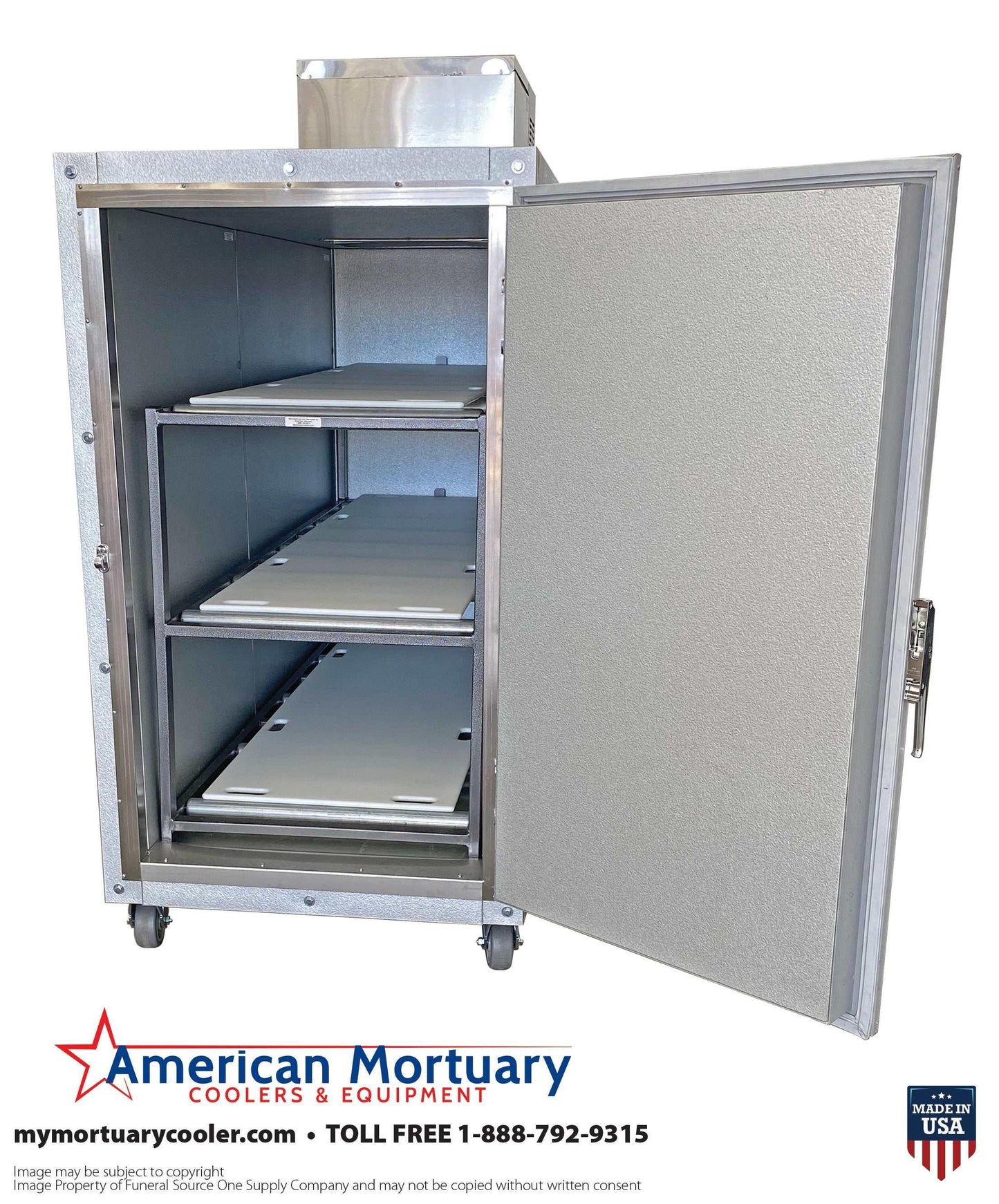 3 Body Mortuary Cooler AMC Model #3B with Interior Rolling Rack - American Mortuary Coolers Powered by Funeral Source One Supply Company 