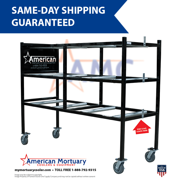 3 Tier End Loading Mortuary Roller Rack  Model # AMC 3TEL -  American Mortuary Coolers Powered by Funeral Source One Supply Company 