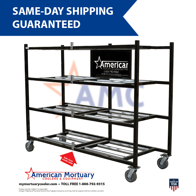 4-Tier Side Loading Mortuary Rack Model 4TSL-Low Profile -  American Mortuary Coolers Powered by Funeral Source One Supply Company 