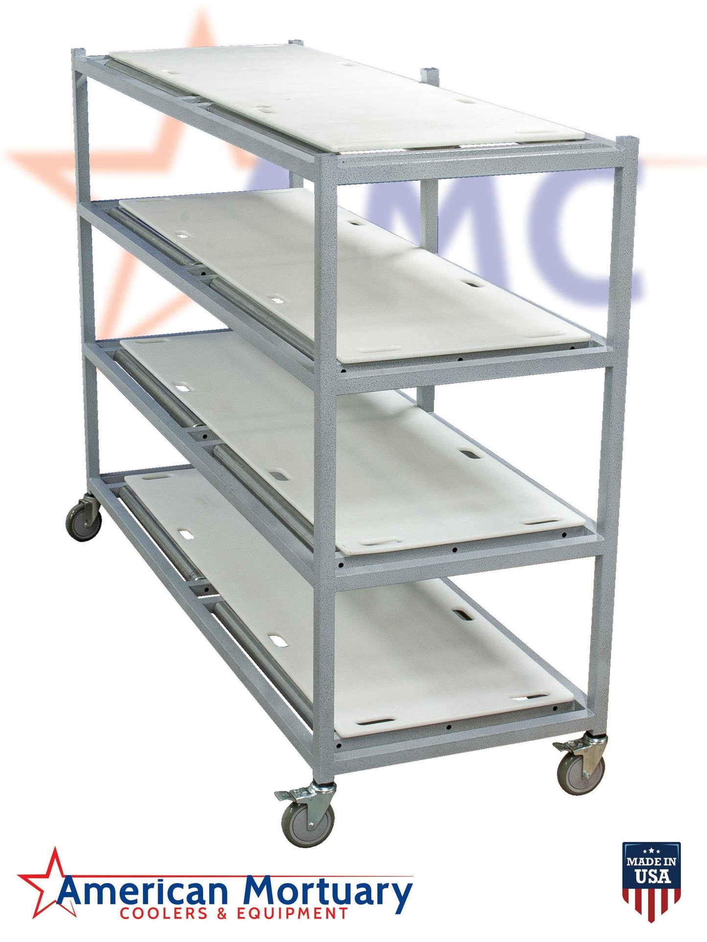 4-Tier Side Loading Mortuary Rack Model 4TSL-Low Profile -  American Mortuary Coolers Powered by Funeral Source One Supply Company 