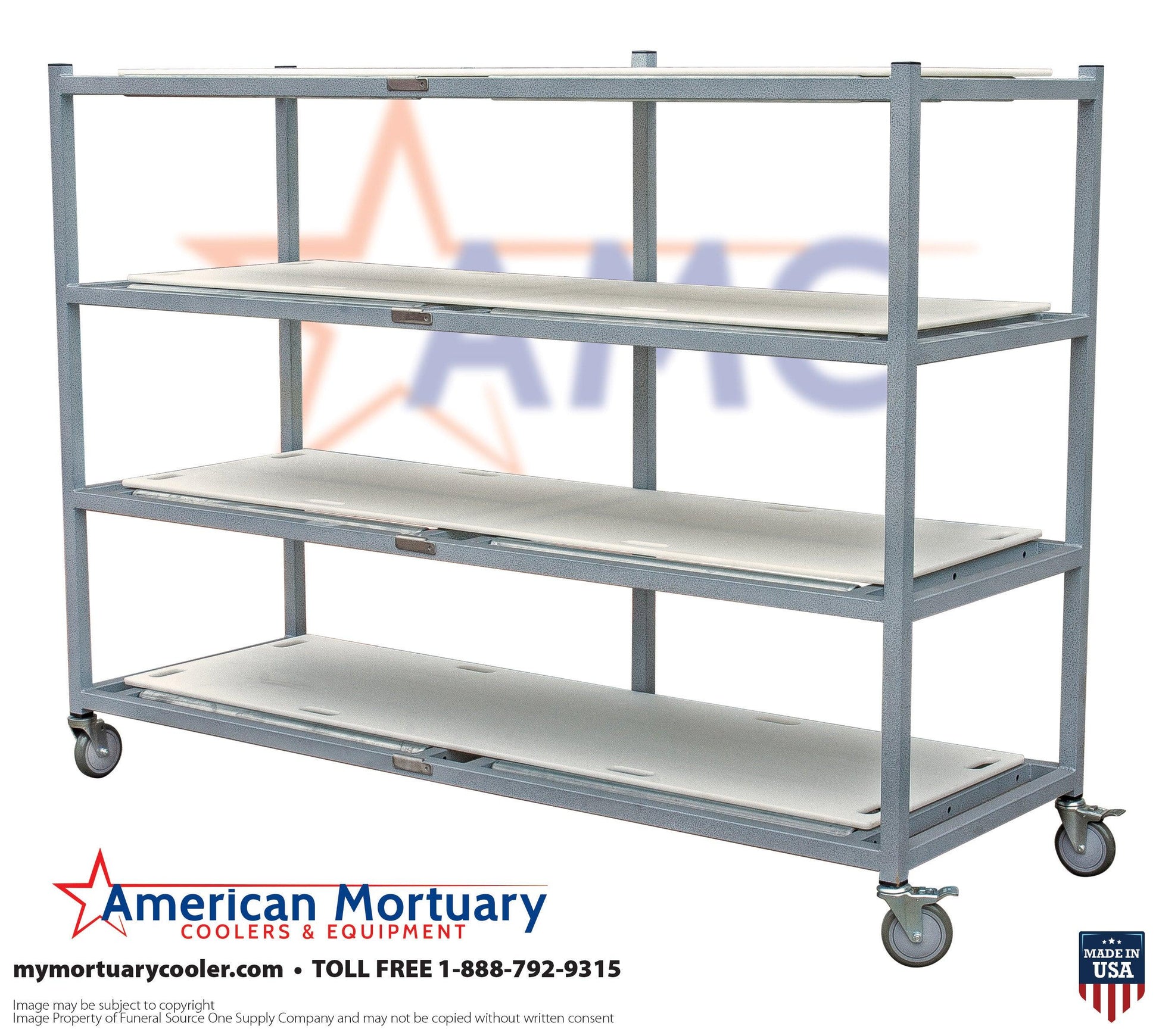 4-Tier Side Loading Mortuary Rack Model 4TSL-Low Profile -  American Mortuary Coolers Powered by Funeral Source One Supply Company 