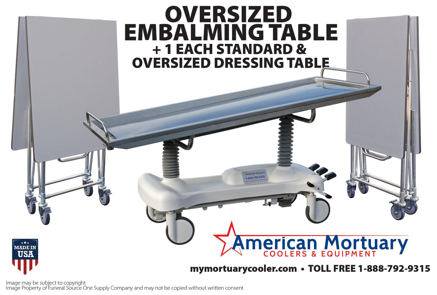 Embalming table + 1 Xl dressing table + 1 standard dressing table (Combo Pack) -  American Mortuary Coolers Powered by Funeral Source One Supply Company 