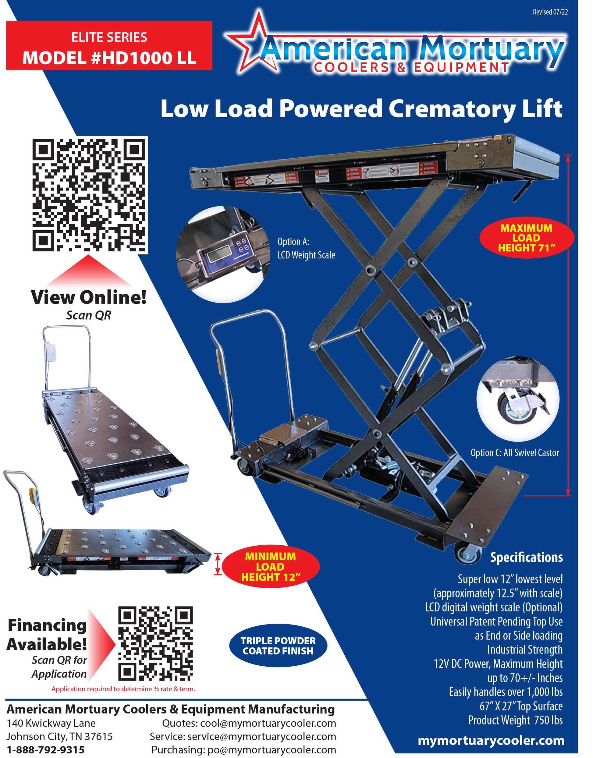 HD 1000 Low Load Powered Crematory Lift -  American Mortuary Coolers Powered by Funeral Source One Supply Company 